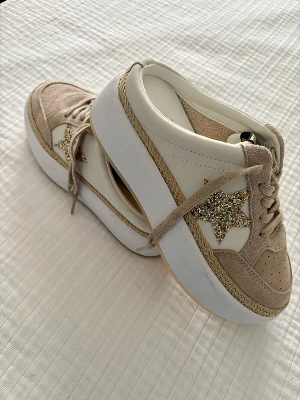 Vintage Havana Val Ream Taupe & Gold Glitter Star Rafia Platform Sneakers mules - Picture 1 of 7